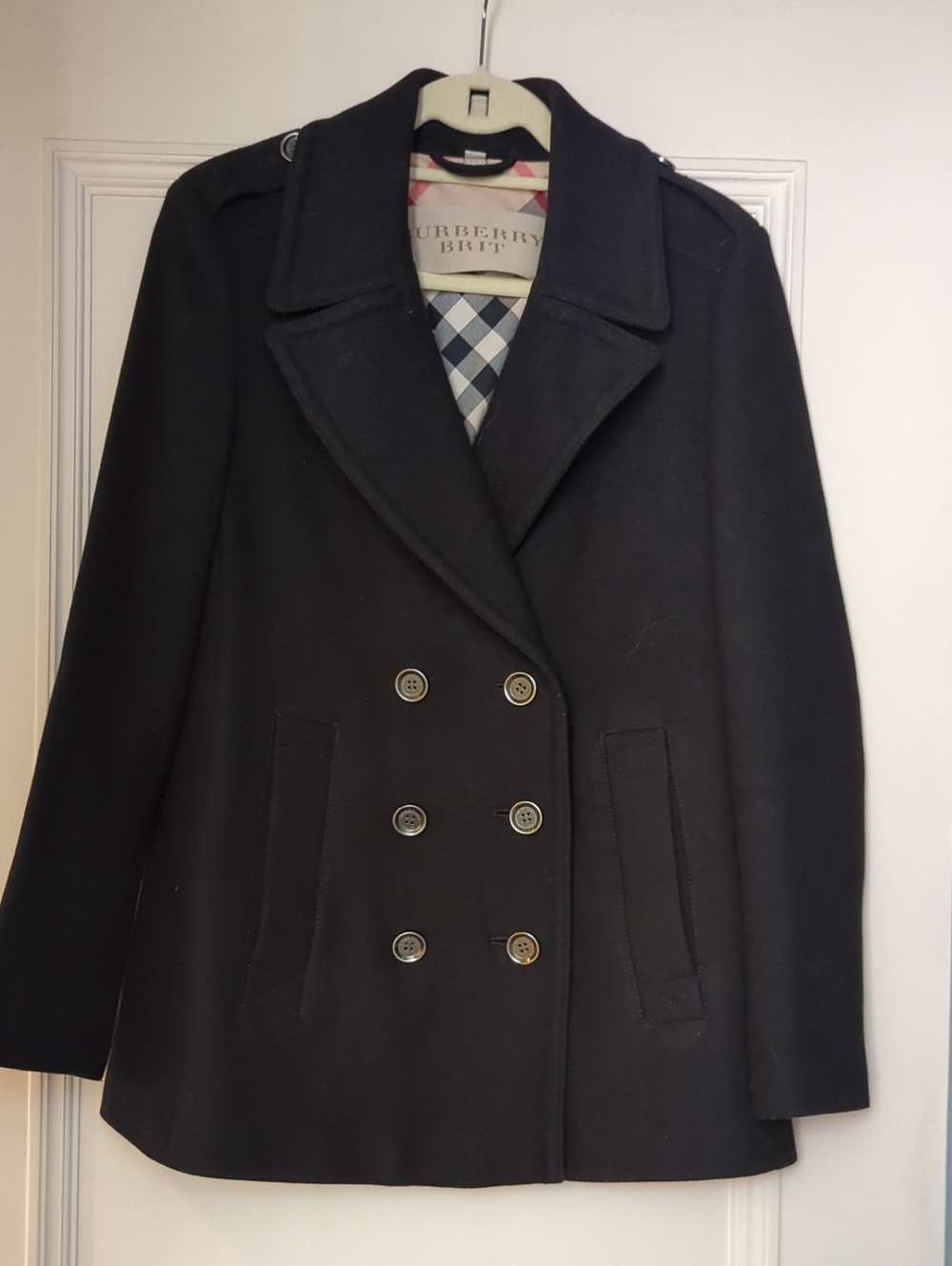 Burberry Black Double-Breasted Wool Pea Coat with Signature Check Lining